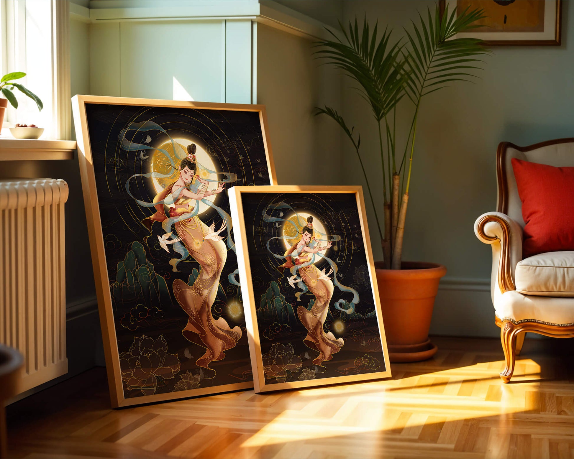 Elegant celestial dancer with gold elements in an ethereal fantasy scene