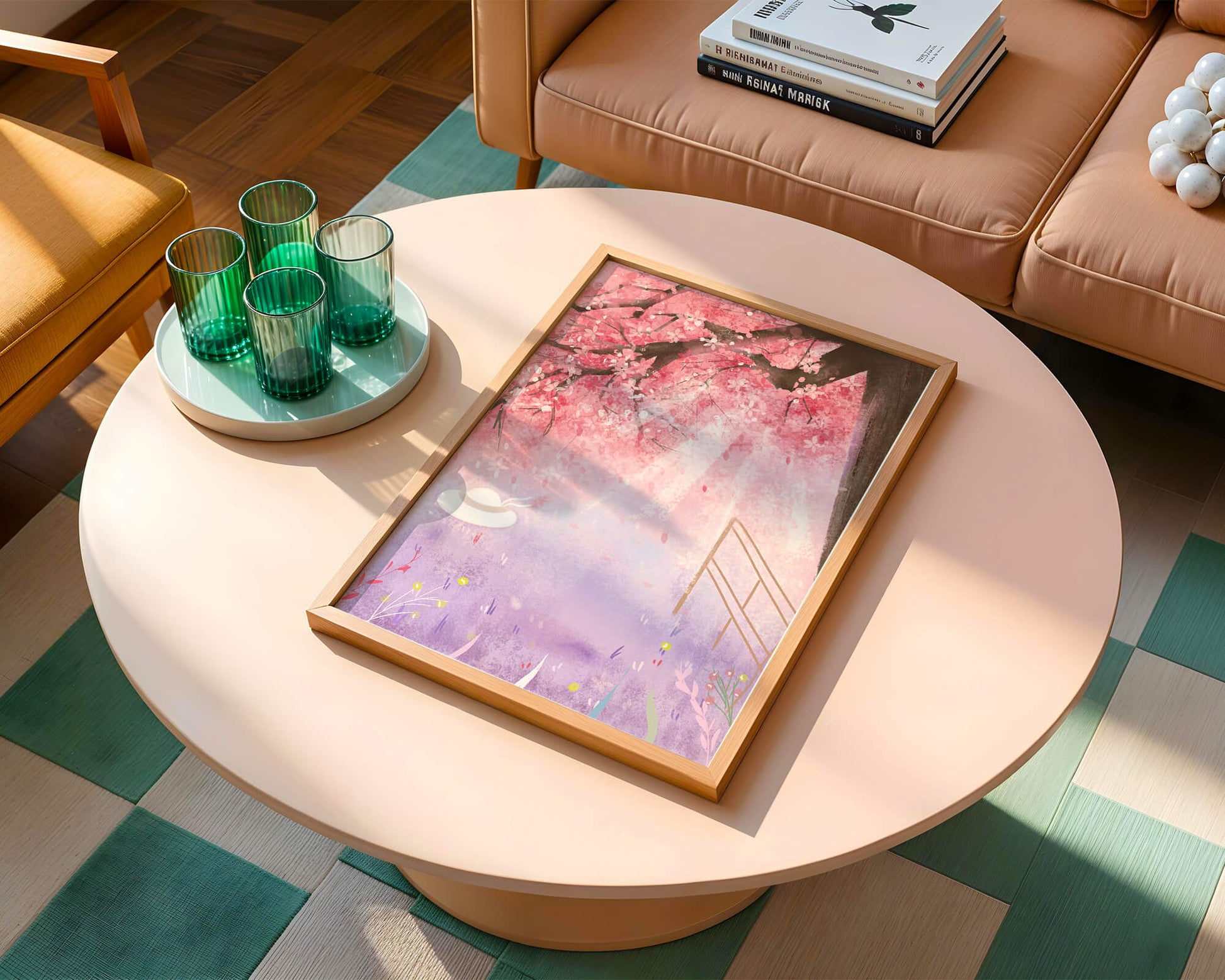 Cherry Blossom Garden with Spring Flowers and Sunlight