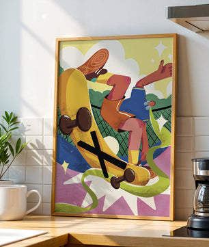 Ilustración abstracta colorida con un skater en movimiento dinámico