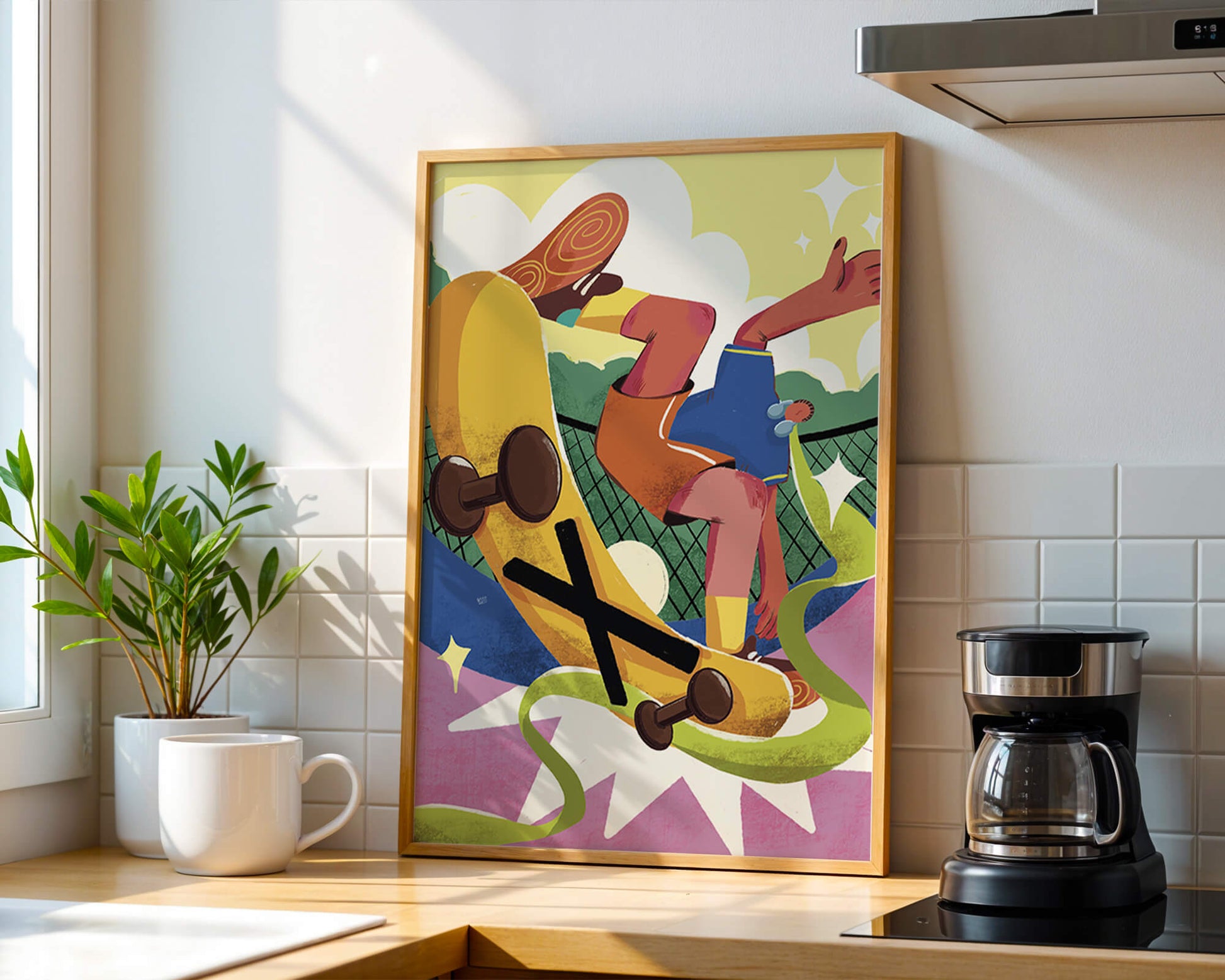 Ilustración abstracta colorida con un skater en movimiento dinámico