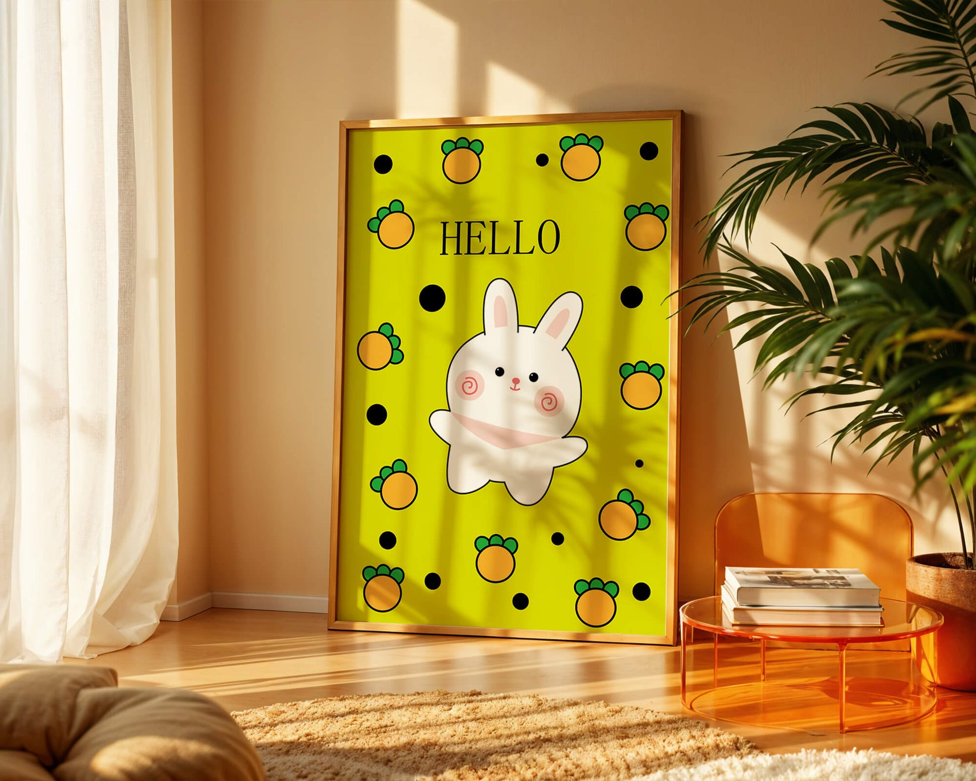 Charming rabbit cartoon illustration on yellow background with orange elements
