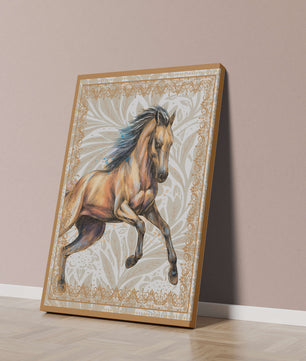 Elegant horse illustration with ornate golden frame