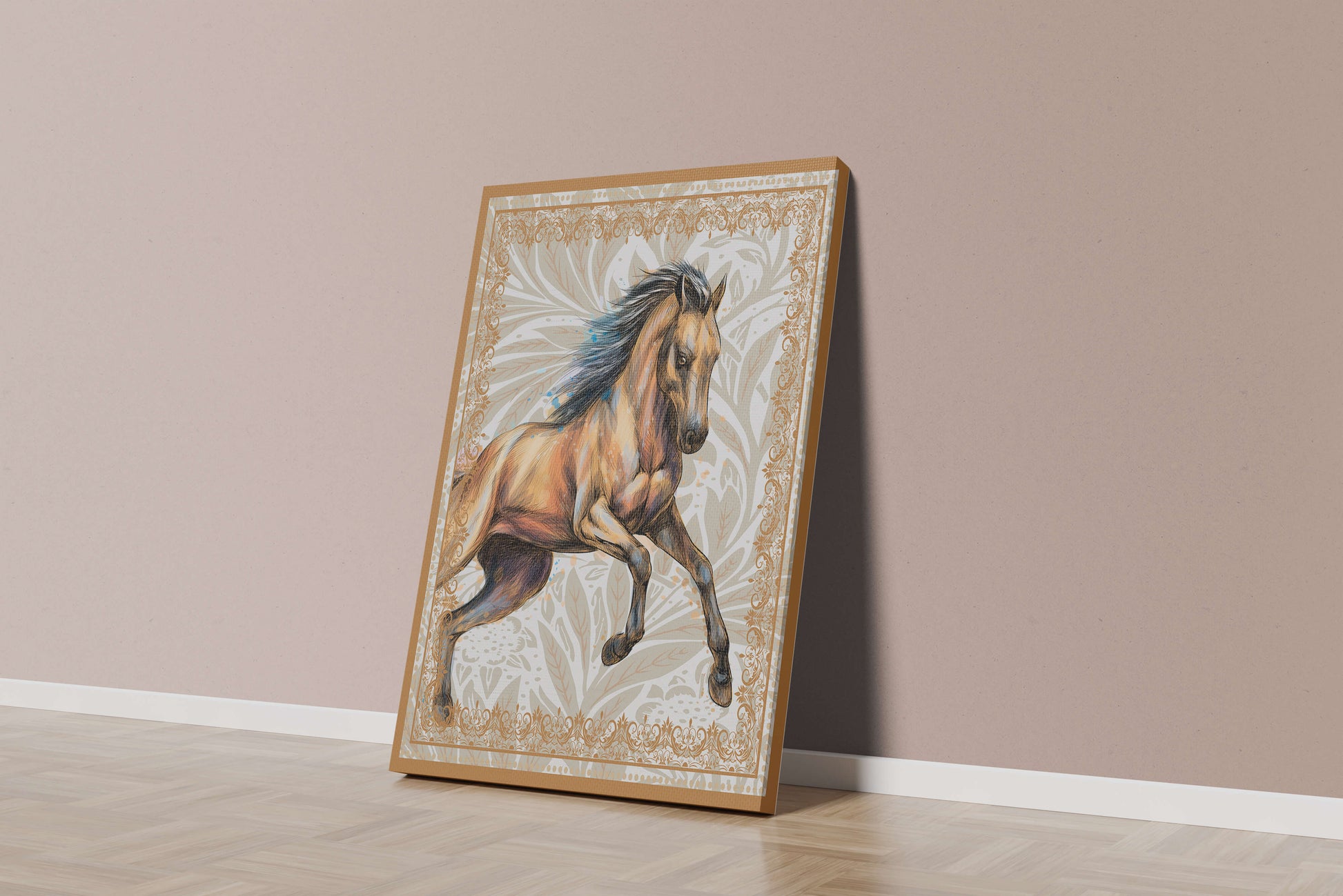 Elegant horse illustration with ornate golden frame