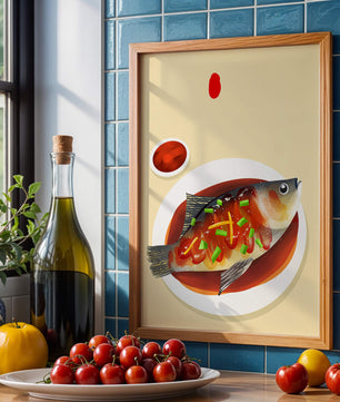Illustration of a colorful fish dish with garnish