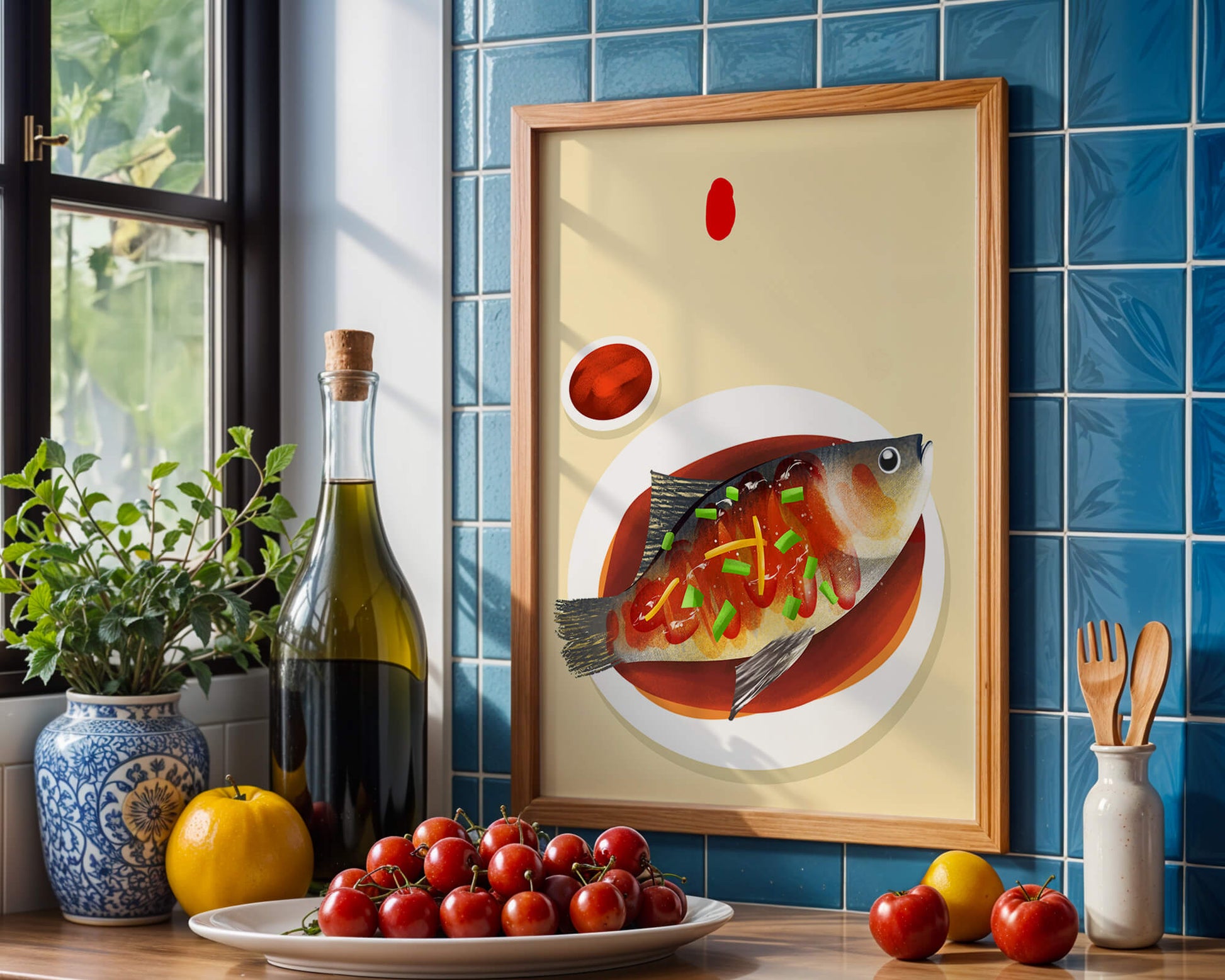 Illustration of a colorful fish dish with garnish