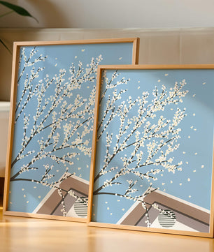 Blooming Branches Against a Clear Sky with Geometric Shapes