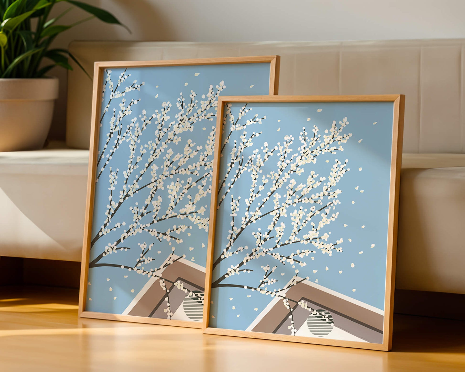 Blooming Branches Against a Clear Sky with Geometric Shapes