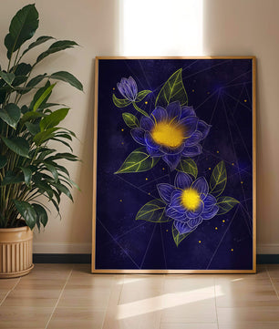 Floral Art with Blue and Yellow Lotus Design on Starry Background