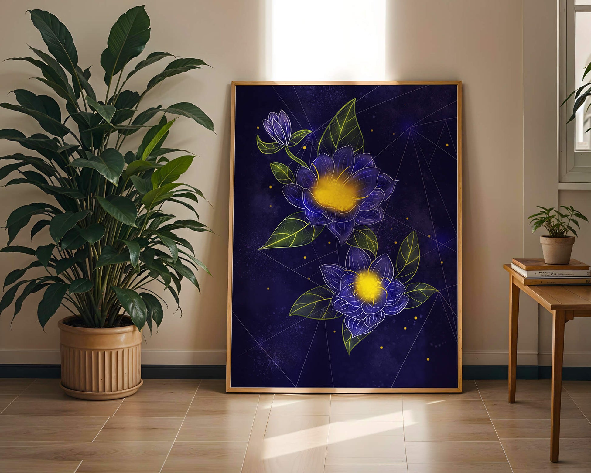 Floral Art with Blue and Yellow Lotus Design on Starry Background