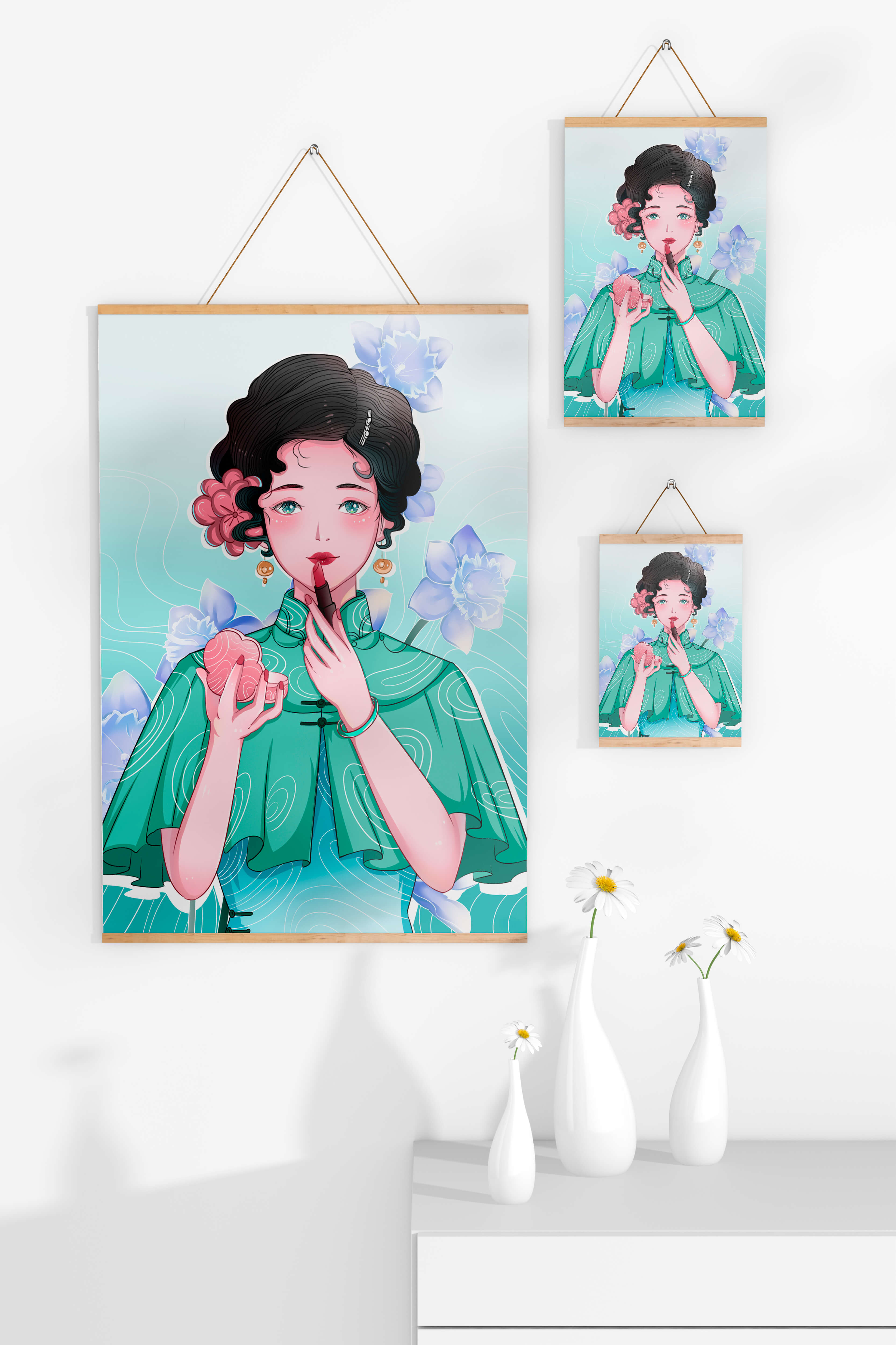 Woman applying lipstick with elegant floral background