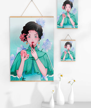 Woman applying lipstick with elegant floral background