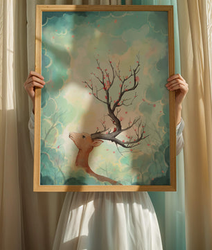 Ciervo surrealista con ramas como cuernos sobre fondo nublado en tonos pastel
