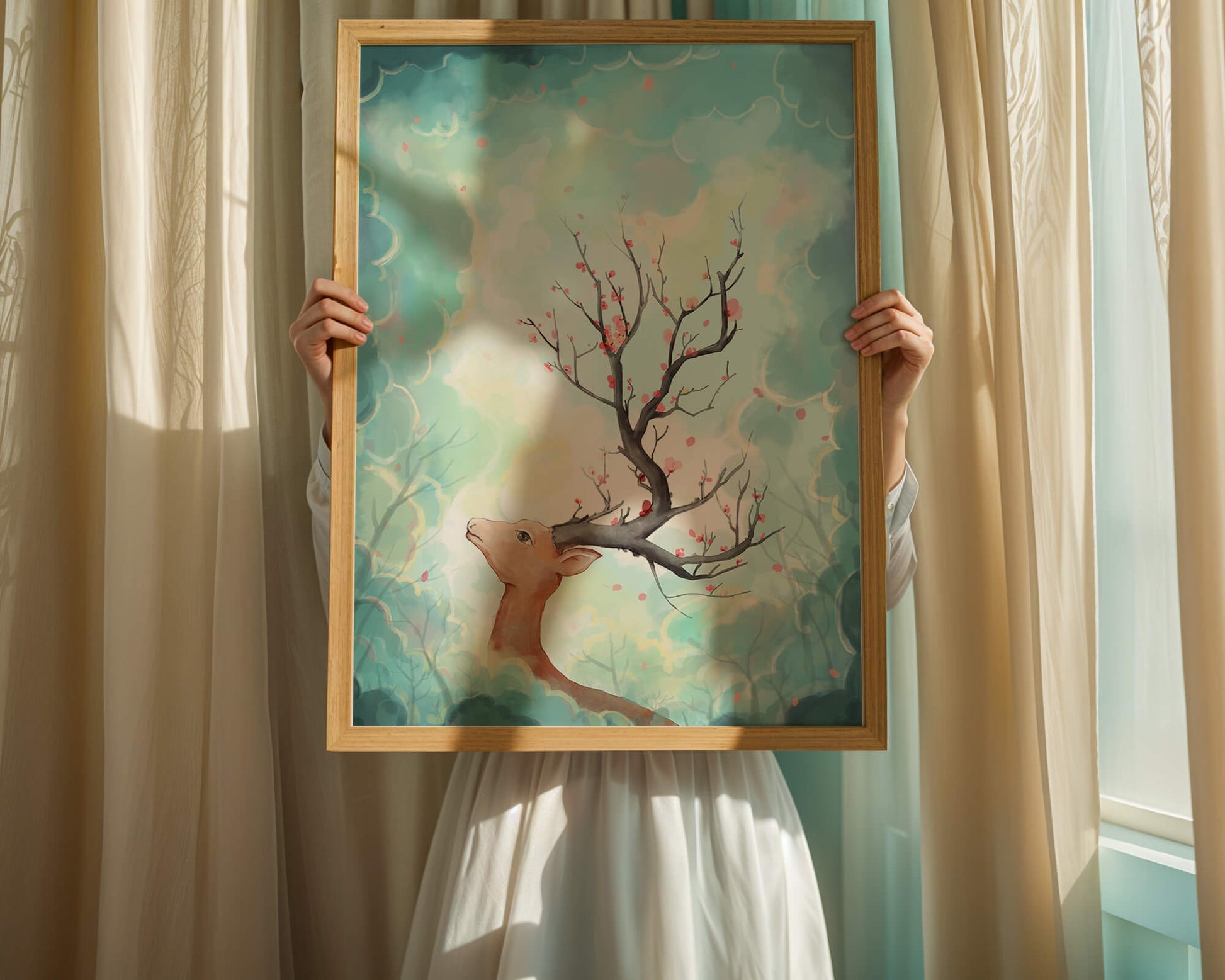 Surreal deer with branches for antlers in a pastel cloudy background