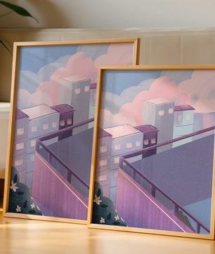 Urban Pastel Scene with Buildings and Pink Clouds
