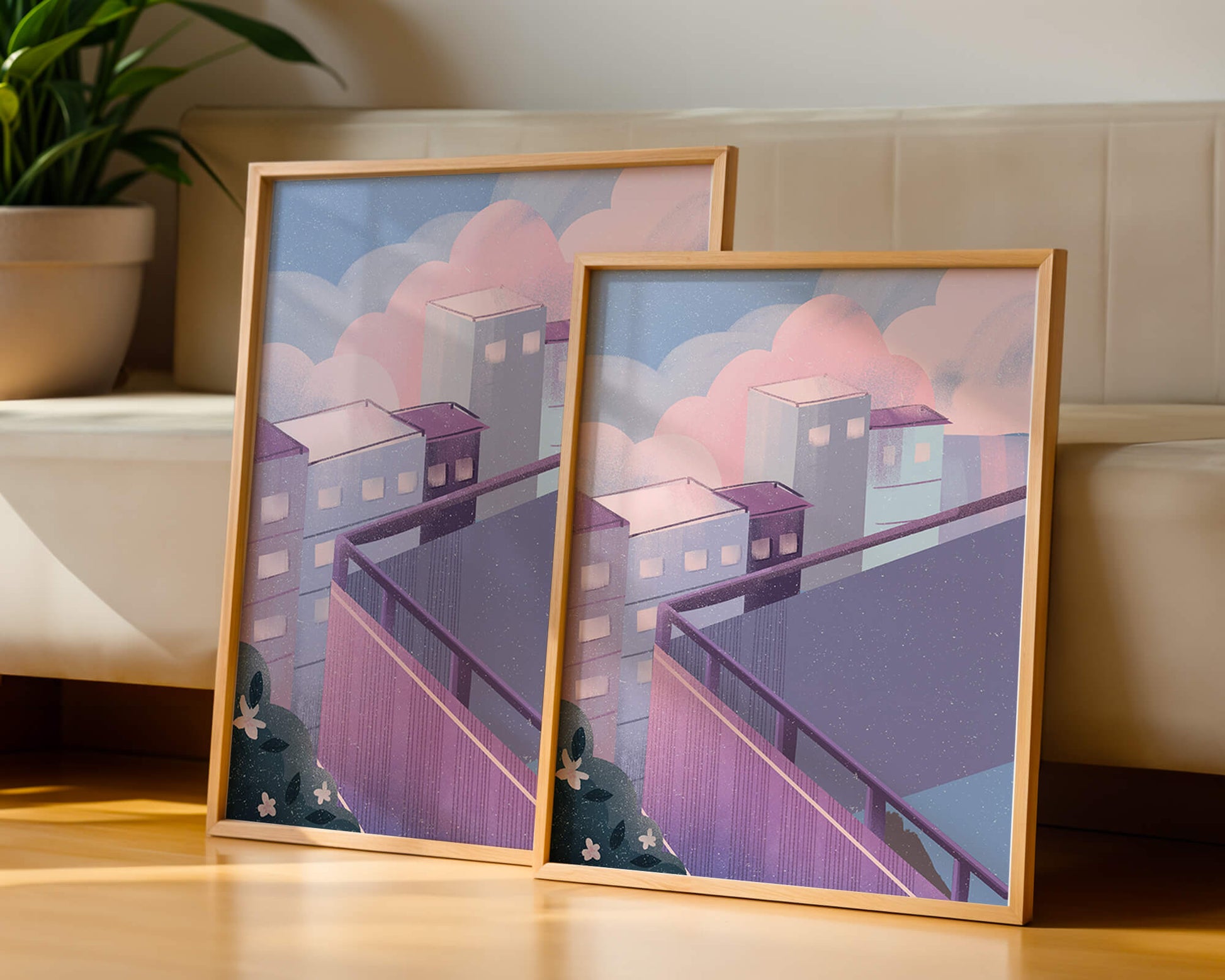Urban Pastel Scene with Buildings and Pink Clouds