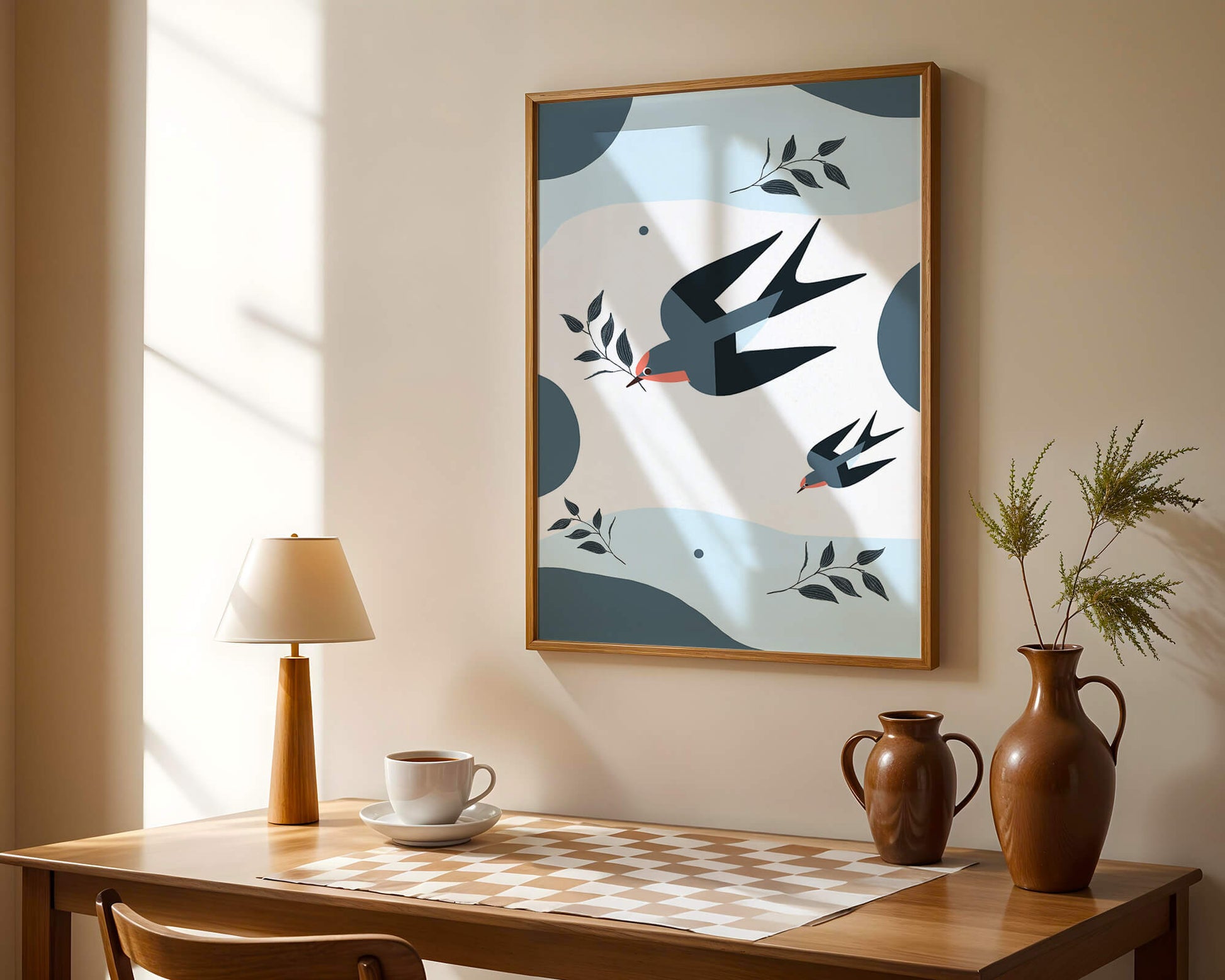 Ilustración abstracta de golondrinas con hojas y formas geométricas