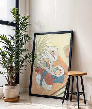 Illustration of assorted sushi on a wooden board