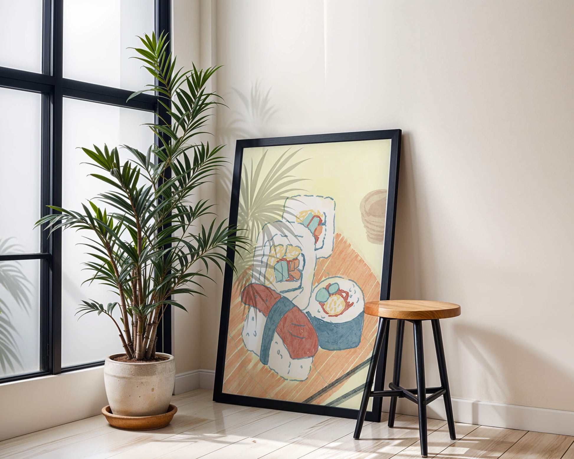 Illustration of assorted sushi on a wooden board