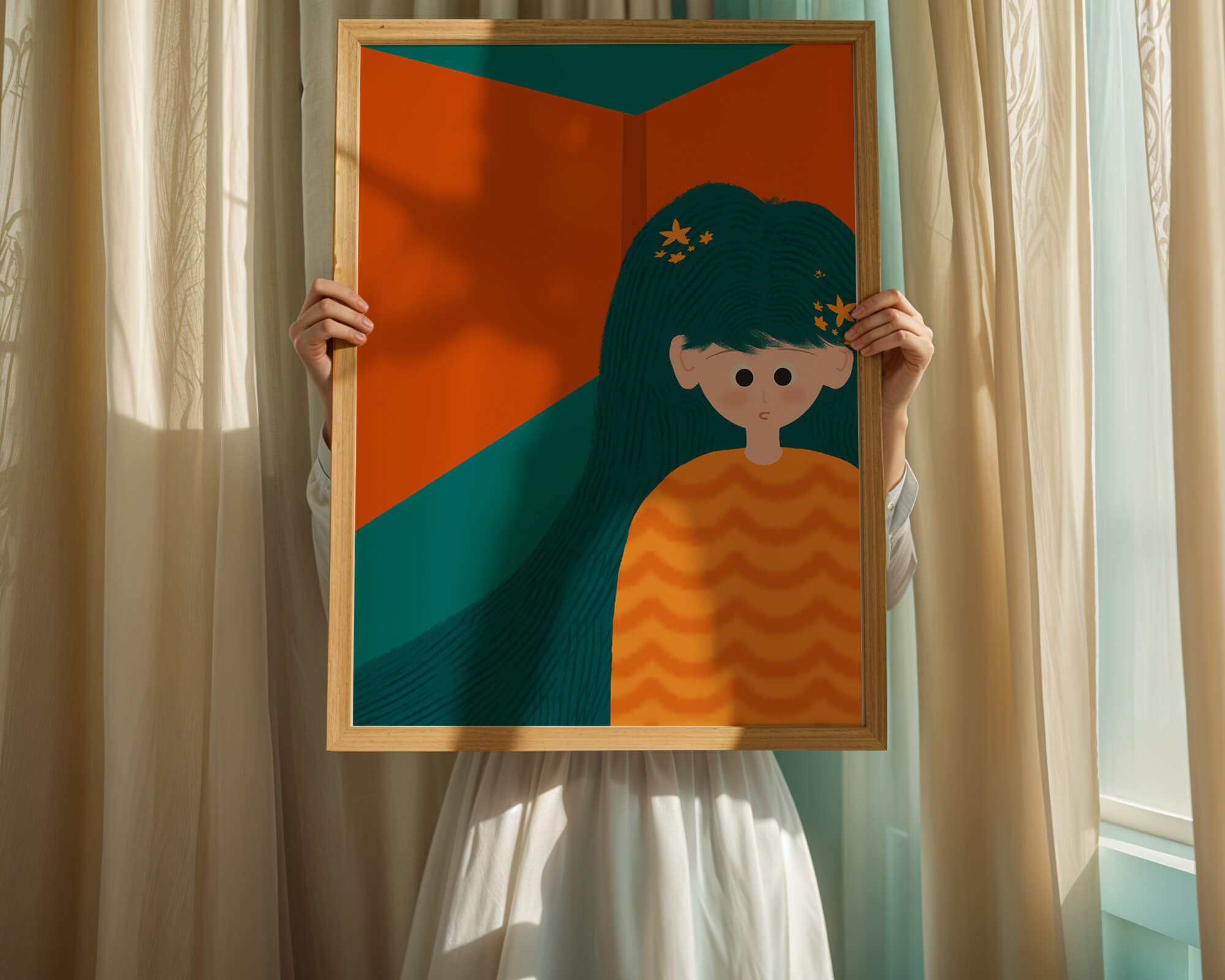 Colorful abstract illustration of a character with teal hair and orange background