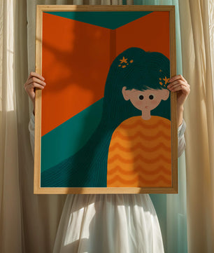 Colorful abstract illustration of a character with teal hair and orange background