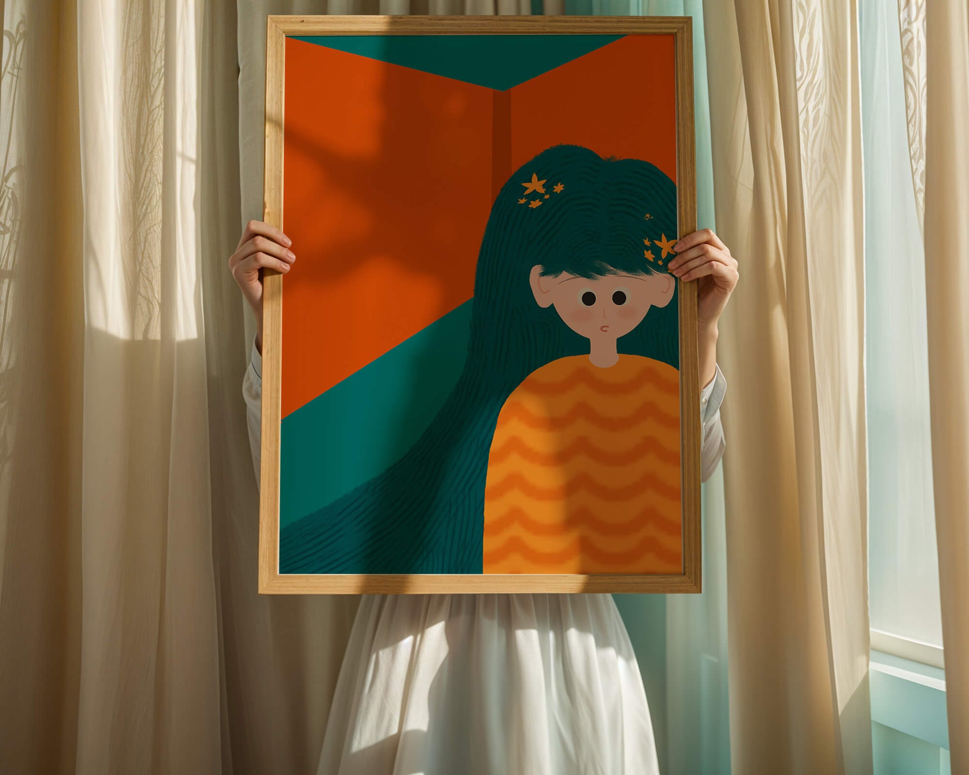 Colorful abstract illustration of a character with teal hair and orange background