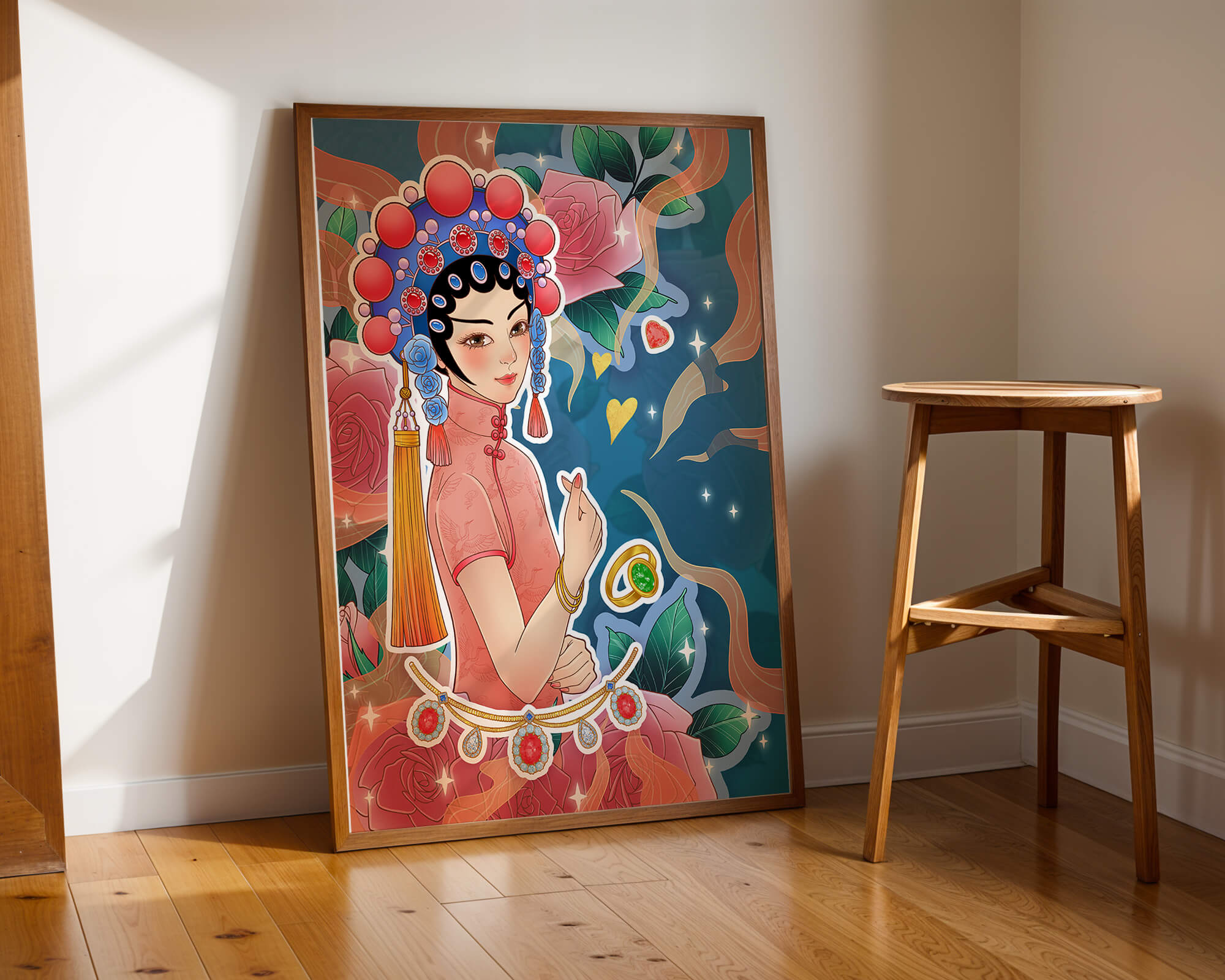 Traditional Asian-inspired illustration with jewelry and floral accents