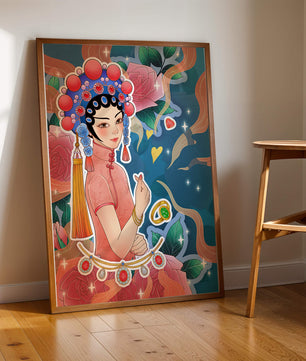 Traditional Asian-inspired illustration with jewelry and floral accents