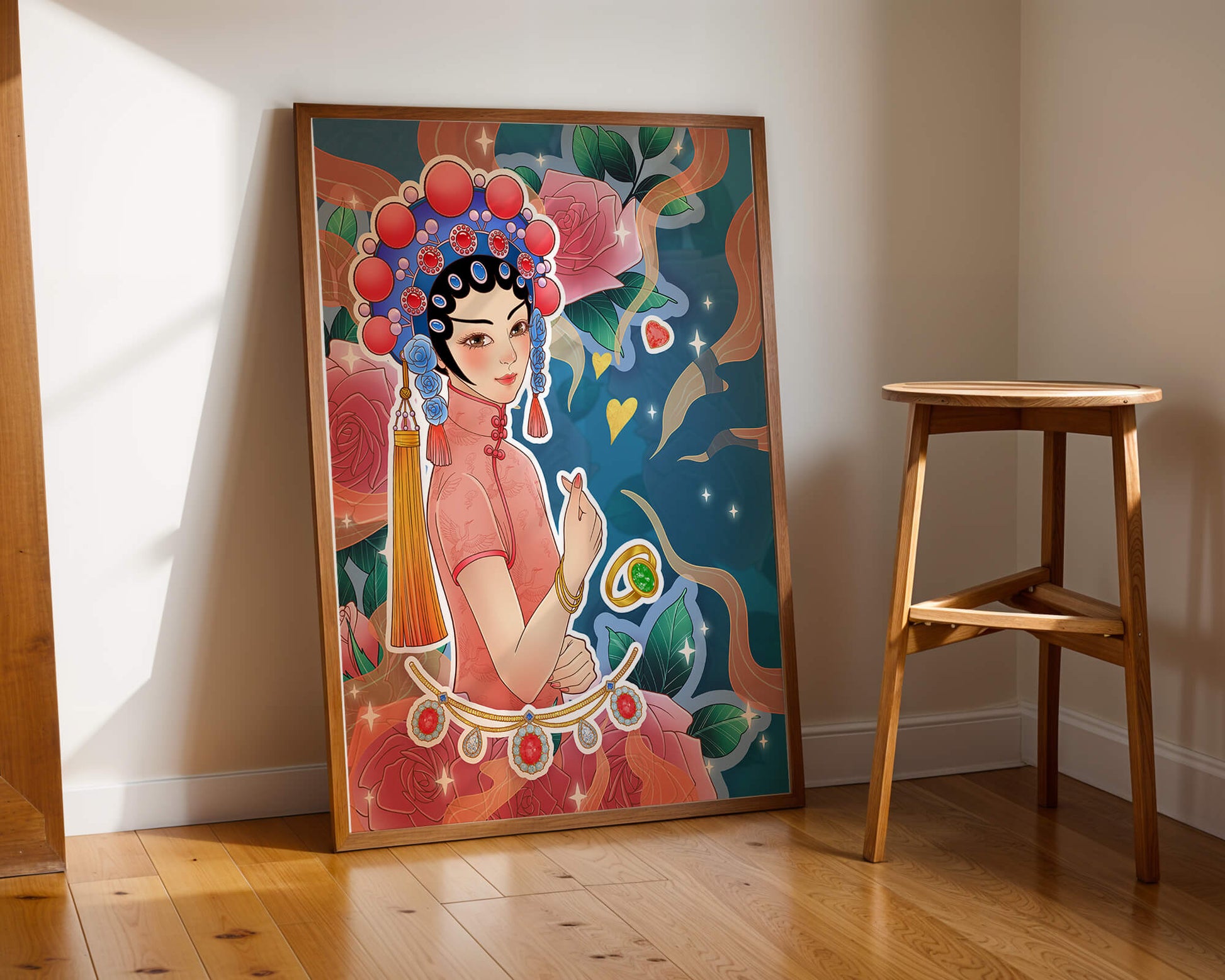 Traditional Asian-inspired illustration with jewelry and floral accents
