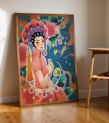 Traditional Asian-inspired illustration with jewelry and floral accents
