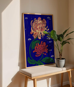 Colorful chrysanthemum illustration on dark blue background