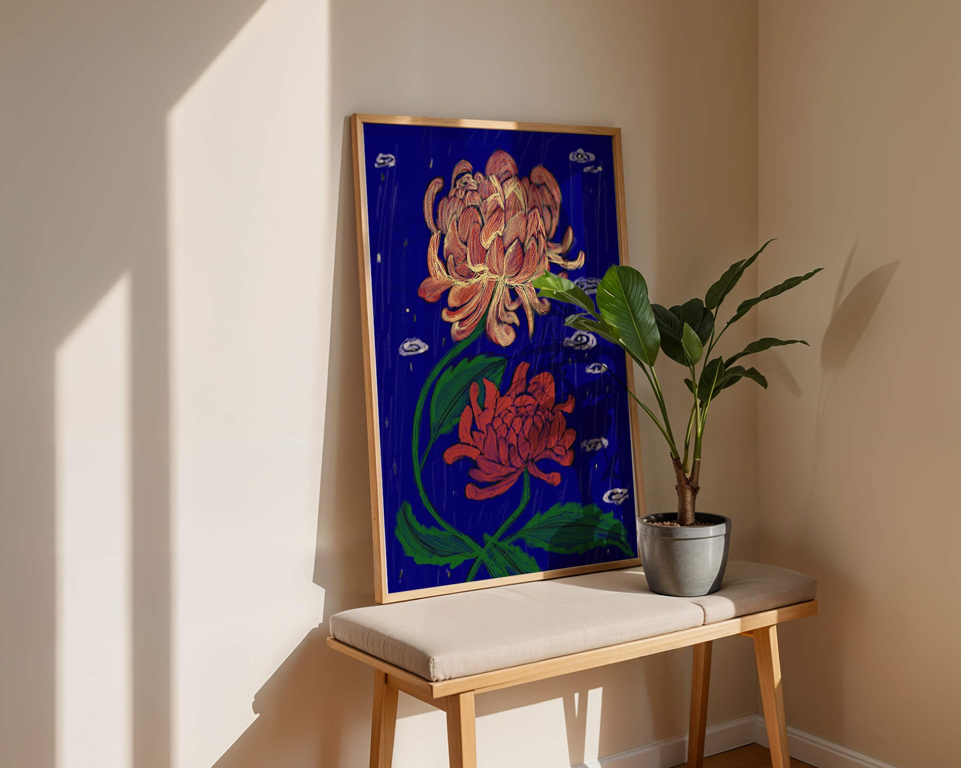 Colorful chrysanthemum illustration on dark blue background