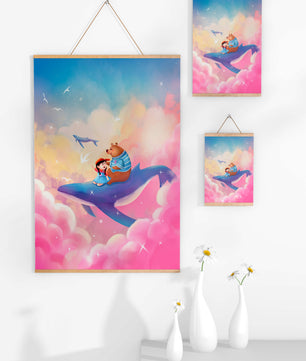 Fantasy illustration of girl and bear riding a whale through colorful clouds