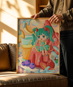 Scène de dessert fantaisiste avec un personnage mignon et des couleurs vives