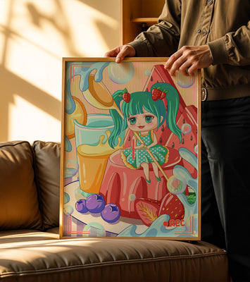 Whimsical dessert scene with cute character and vibrant colors