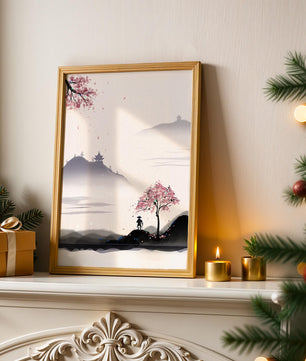Paisaje sereno con árbol de cerezo y pagodas distantes