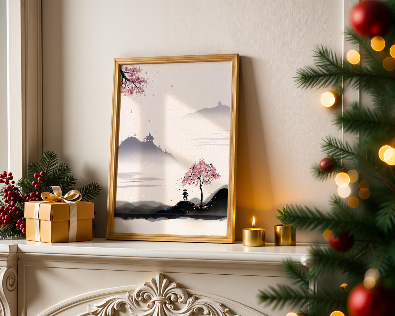 Paisaje sereno con árbol de cerezo y pagodas distantes