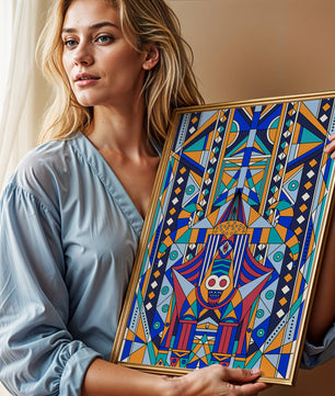 Arte tribal abstracto geométrico con patrones simétricos en azul y naranja