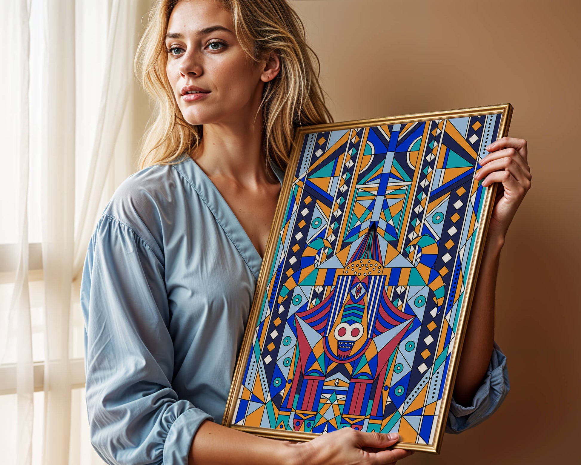 Arte tribal abstracto geométrico con patrones simétricos en azul y naranja