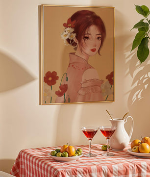 Portrait élégant d'une femme avec des ornements floraux et une expression douce