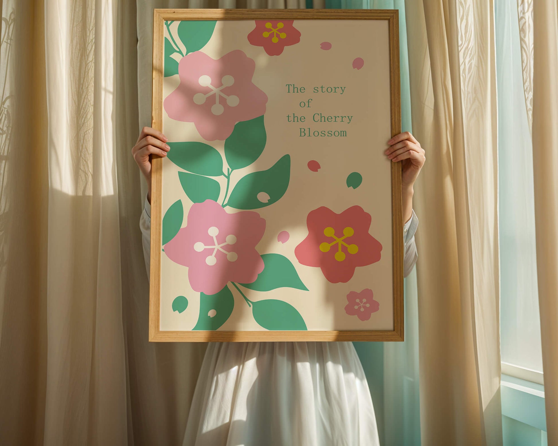 Floral illustration with cherry blossoms and green leaves