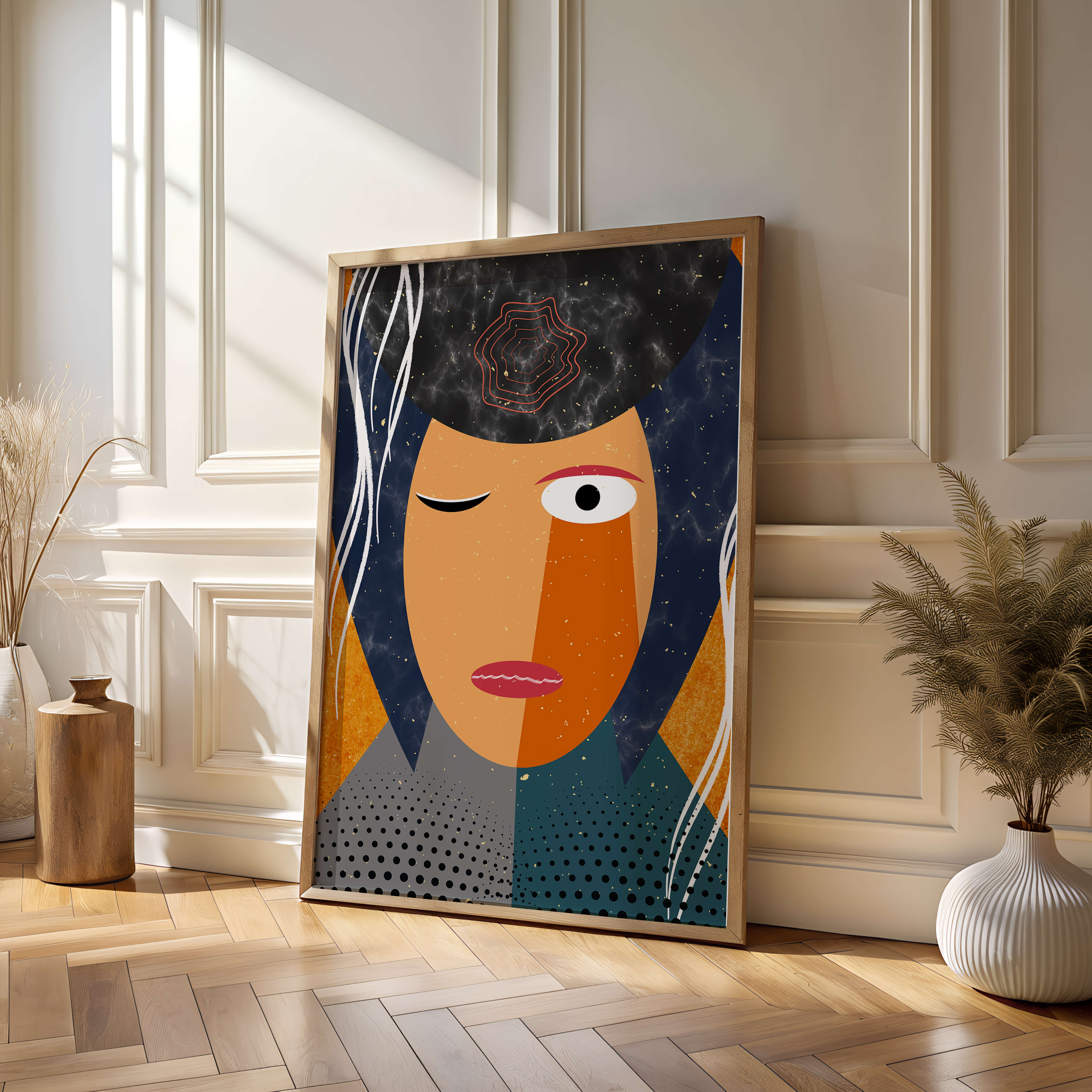 Abstract geometric portrait featuring vibrant colors and textures
