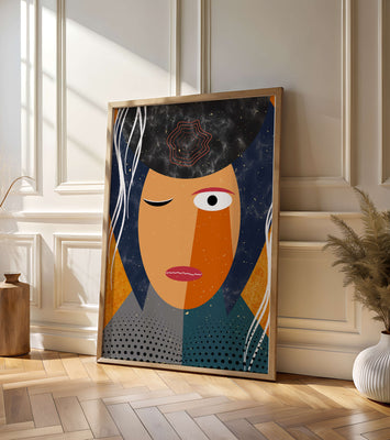 Abstract geometric portrait featuring vibrant colors and textures