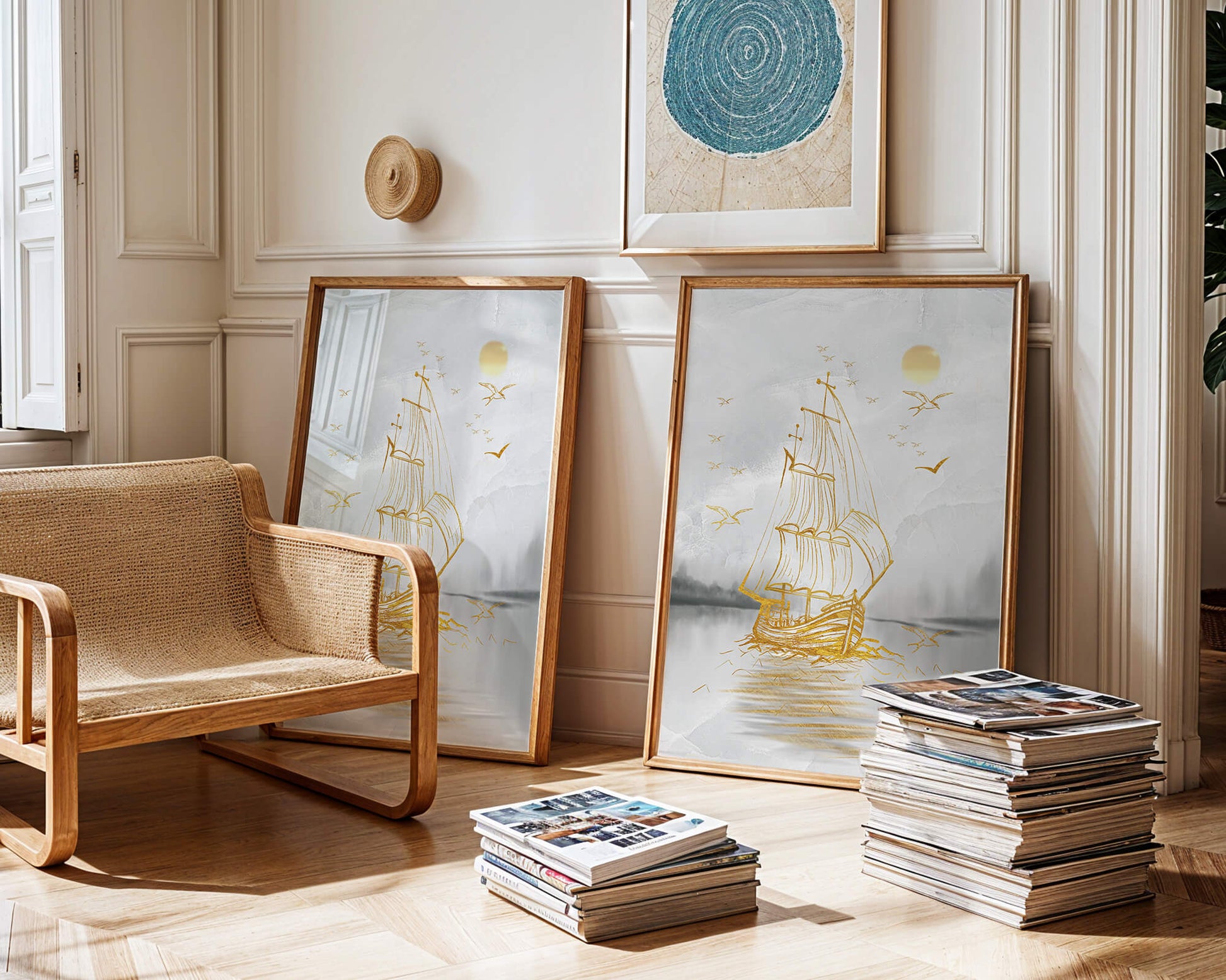 Serene nautical scene with golden sailboat at sea