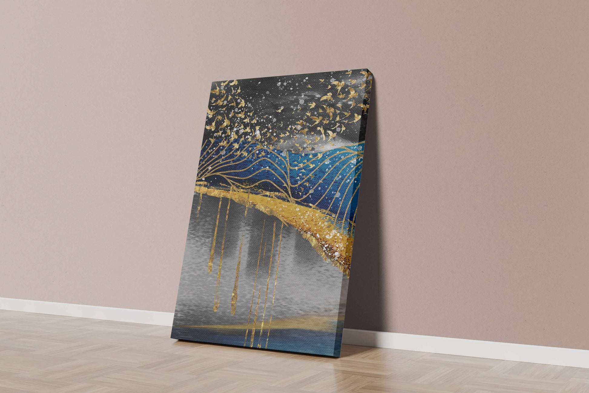 Abstract Night Sky With Golden Birds And Waves