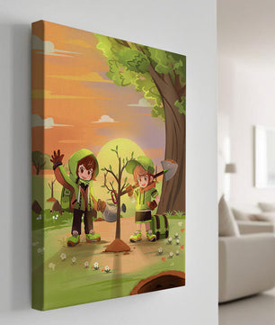 Kinder pflanzen einen Baum in einer lebendigen Sonnenuntergangslandschaft