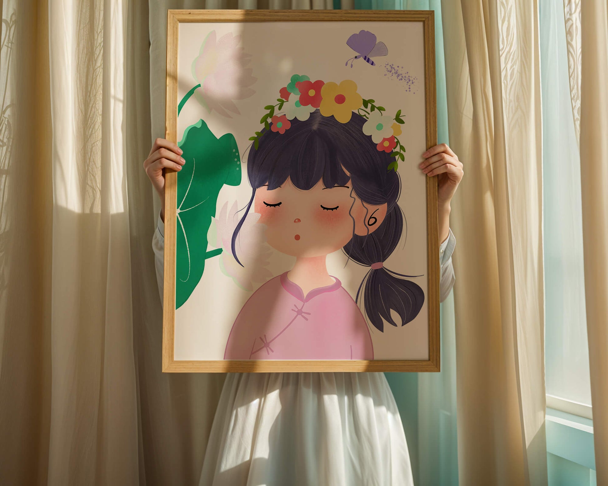 Whimsical illustration of a girl with a flower crown and butterfly