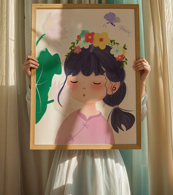 Whimsical illustration of a girl with a flower crown and butterfly