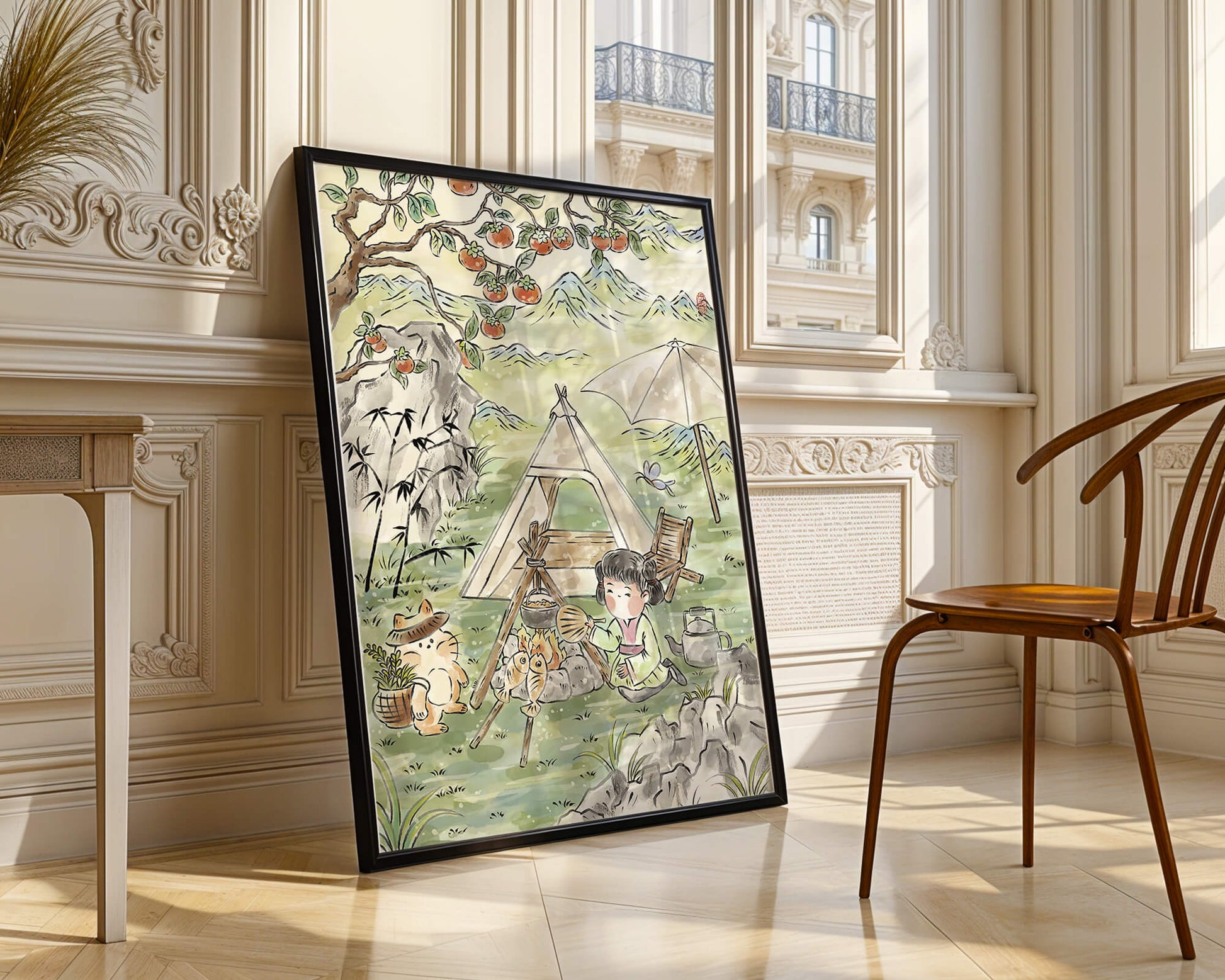 Escena encantadora de camping con un niño y un gato bajo un árbol de caqui