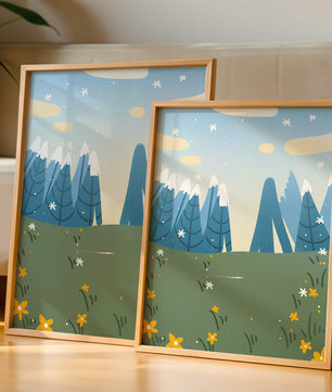 Landschaft mit schneebedeckten Bergen und Blumen im Cartoon-Stil