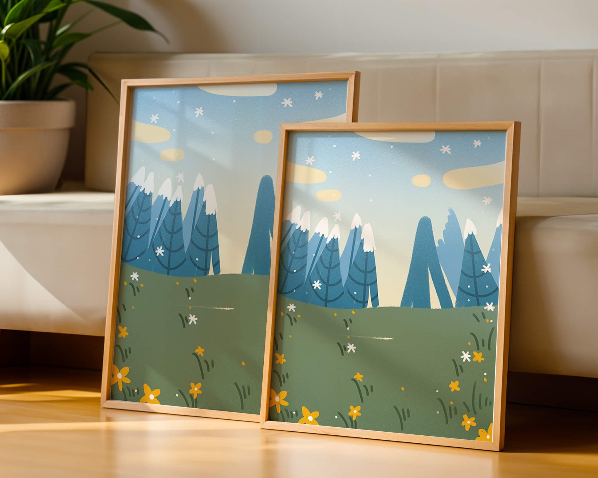 Landschaft mit schneebedeckten Bergen und Blumen im Cartoon-Stil